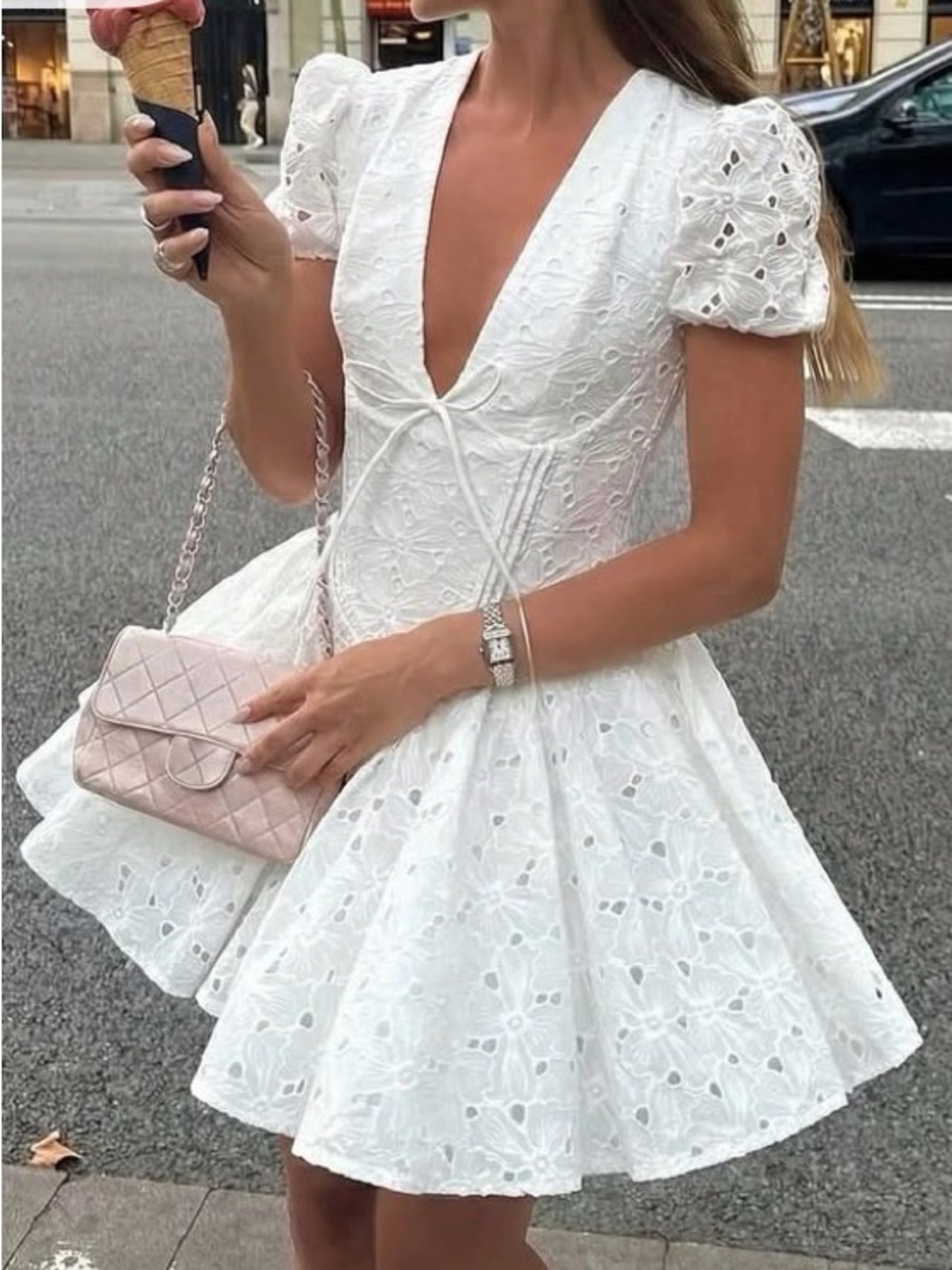 House of CB White Eyelet Deep V Puff Sleeve Mini Dress